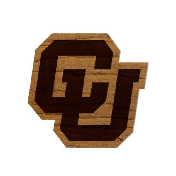CU logo engraved in dark detail on cherry wood with a natural grain finish.